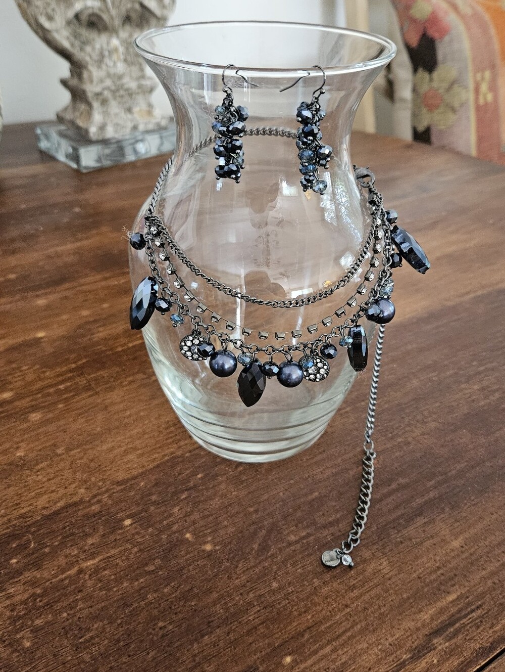 Gunmetal & Navy Crystal Dangle Necklace & Earring Set